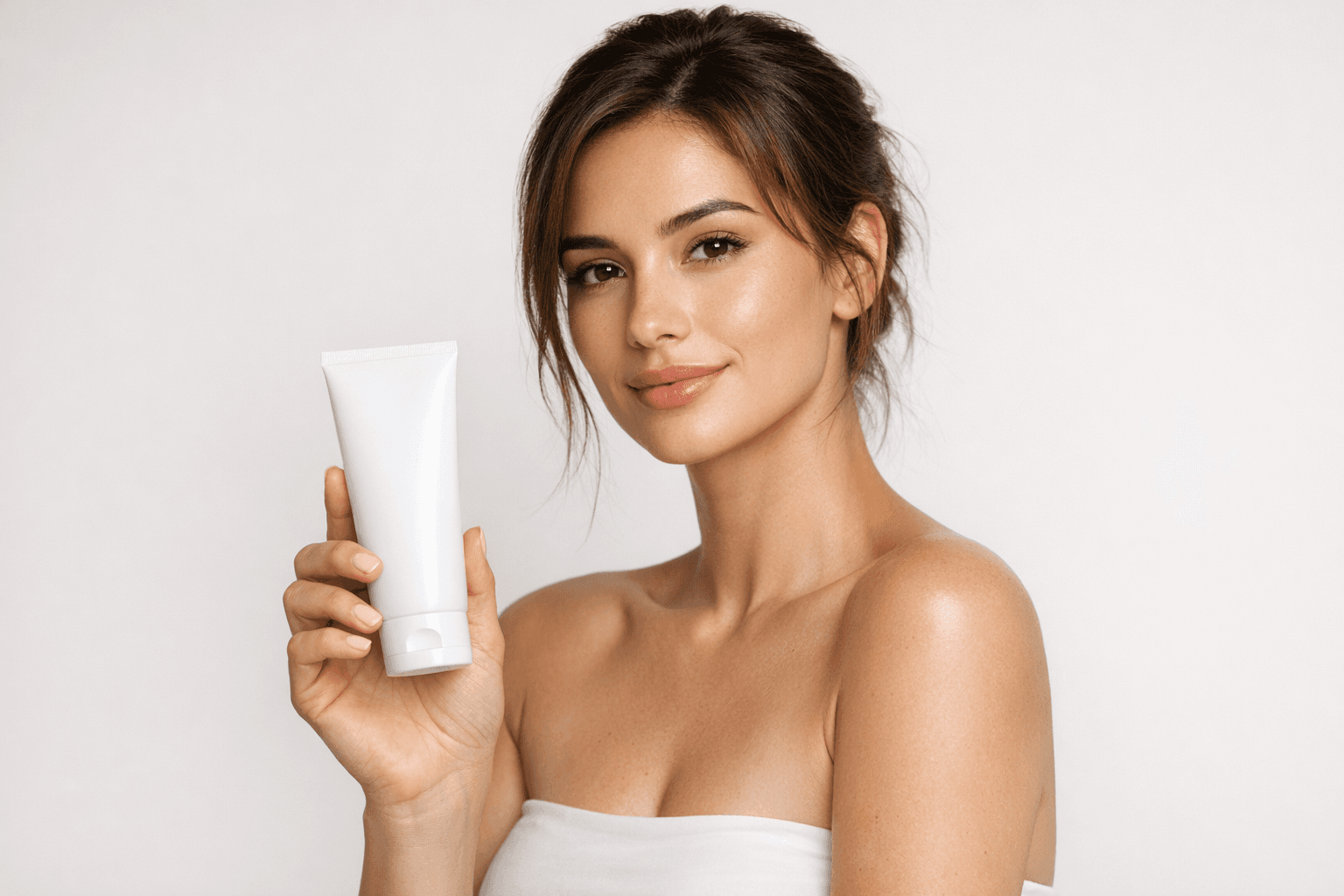 Model holding cosmetic product for ad creative