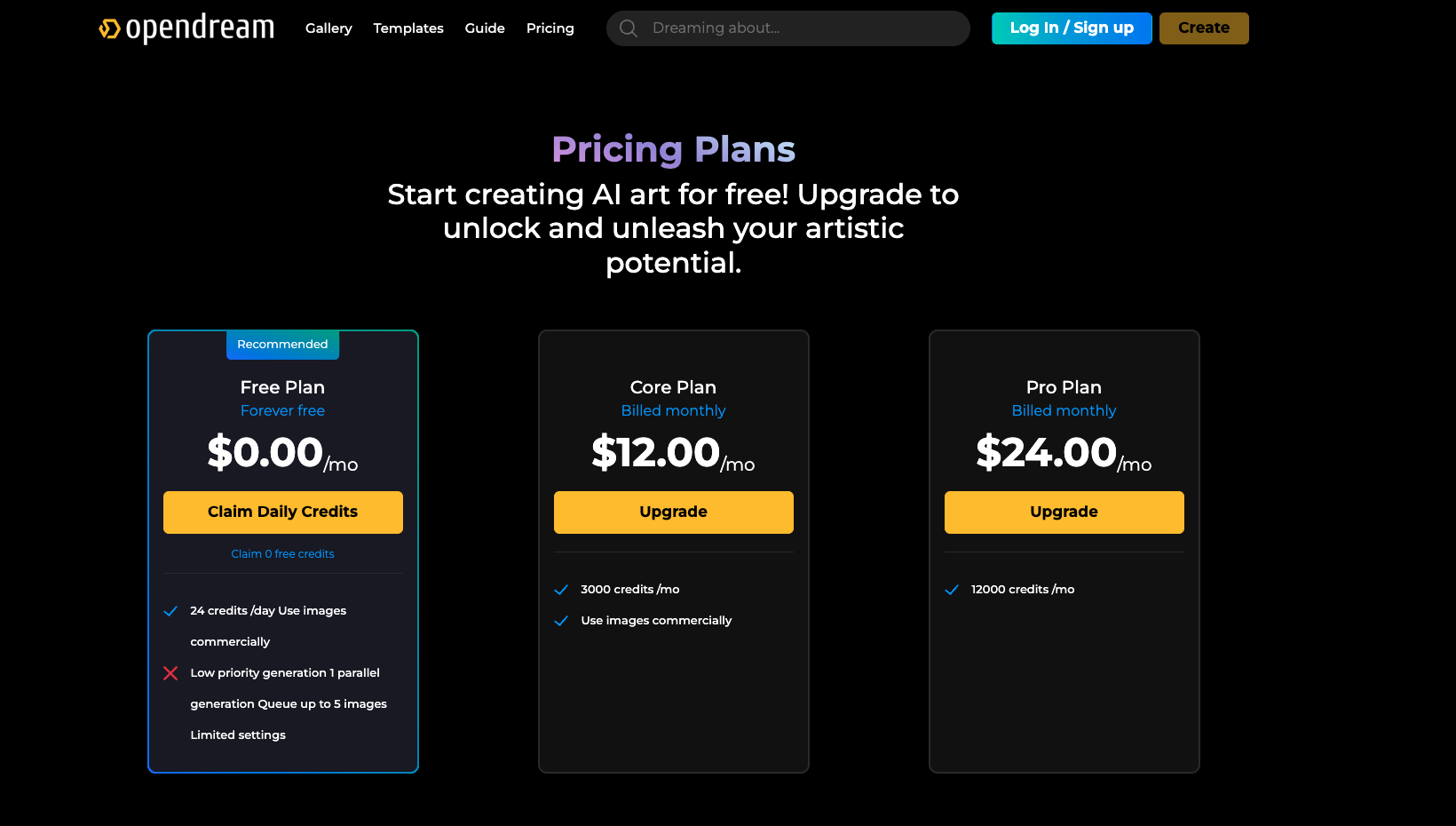 Opendream AI Art pricing