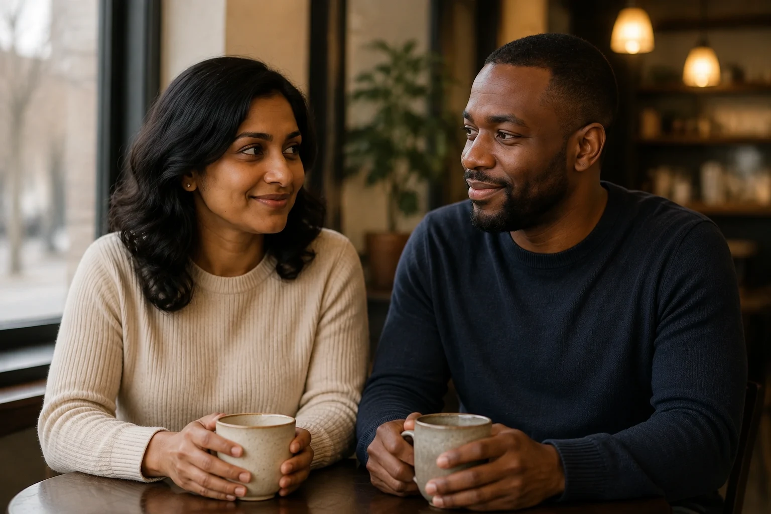 The same fictional couple sharing a relaxed conversation over ceramic cups beside a cafe window