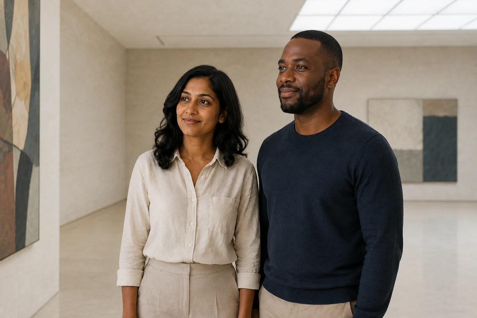 The same fictional couple looking toward an abstract painting in a quiet pale-stone gallery lit by a skylight