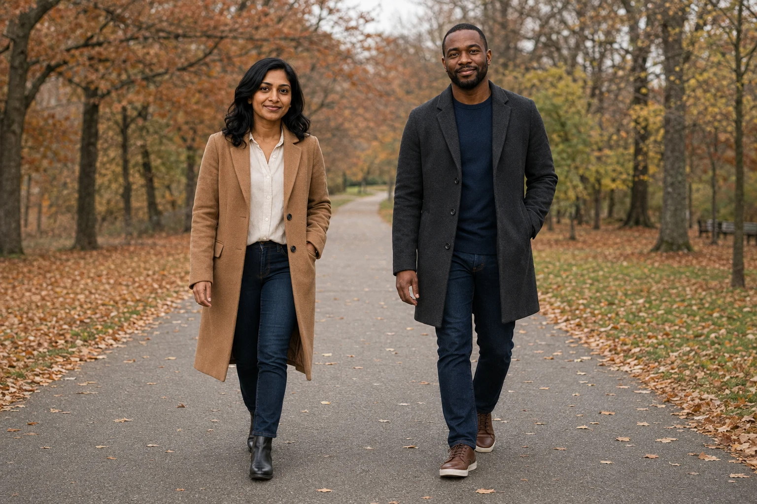 Revised full-body park photograph with the couple's shoes and stepping legs visible