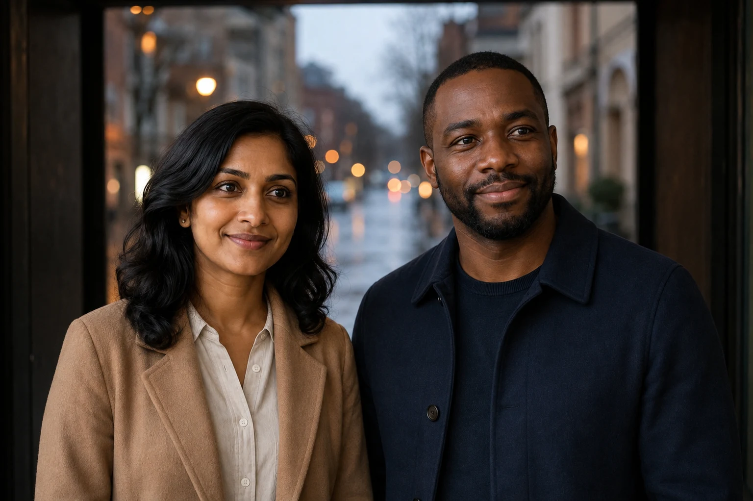 The same fictional couple in camel and navy coats beneath a doorway with a wet street and warm lights behind them