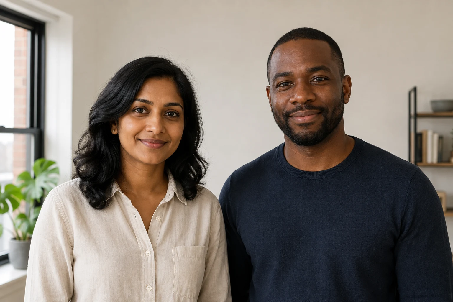 Synthetic reference portrait of two adults, woman on the left and man on the right, with clearly visible faces