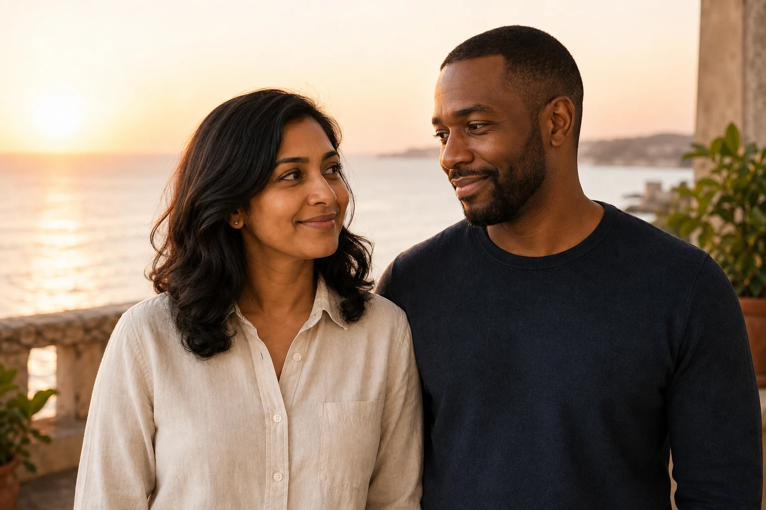 Reference-led edit of the same fictional couple looking toward each other on a seaside terrace at sunset