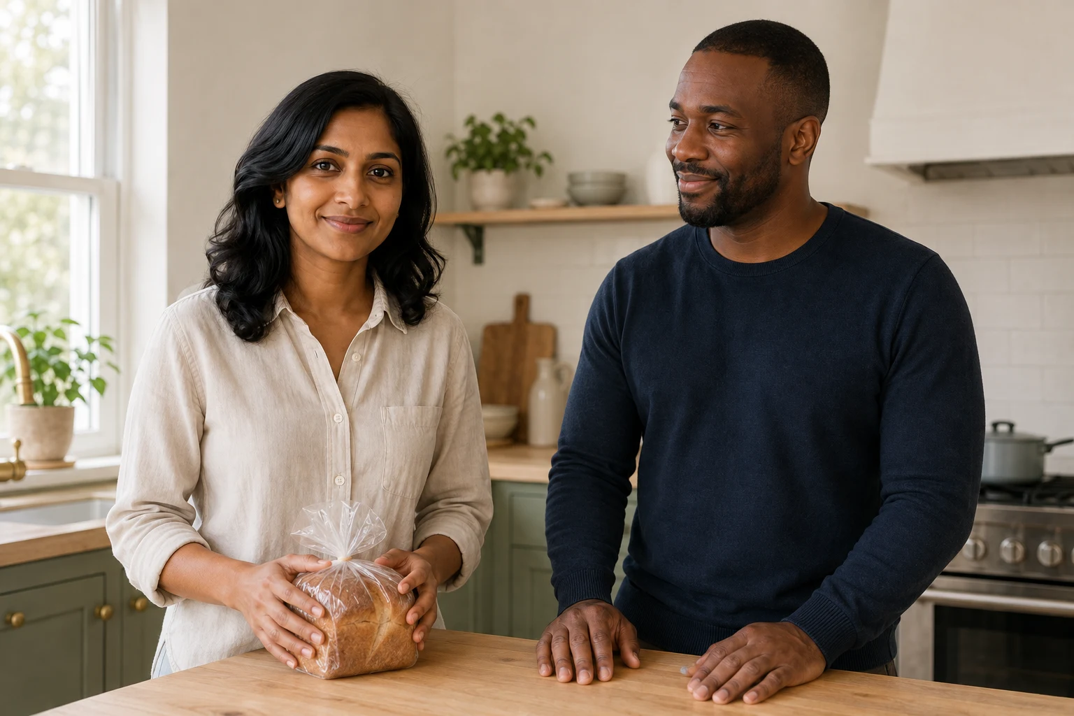 The same fictional couple preparing breakfast in a bright kitchen, with the woman holding a bread bag and the man resting his hands on the counter