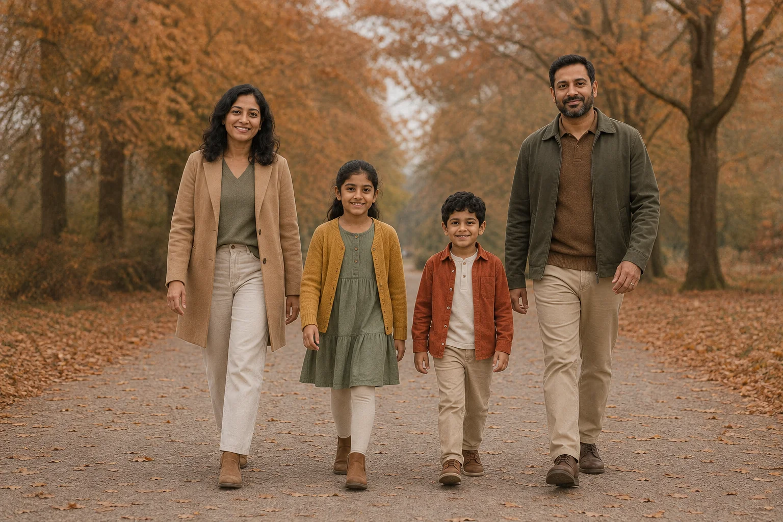The reference family wearing autumn layers on a leaf-strewn park path