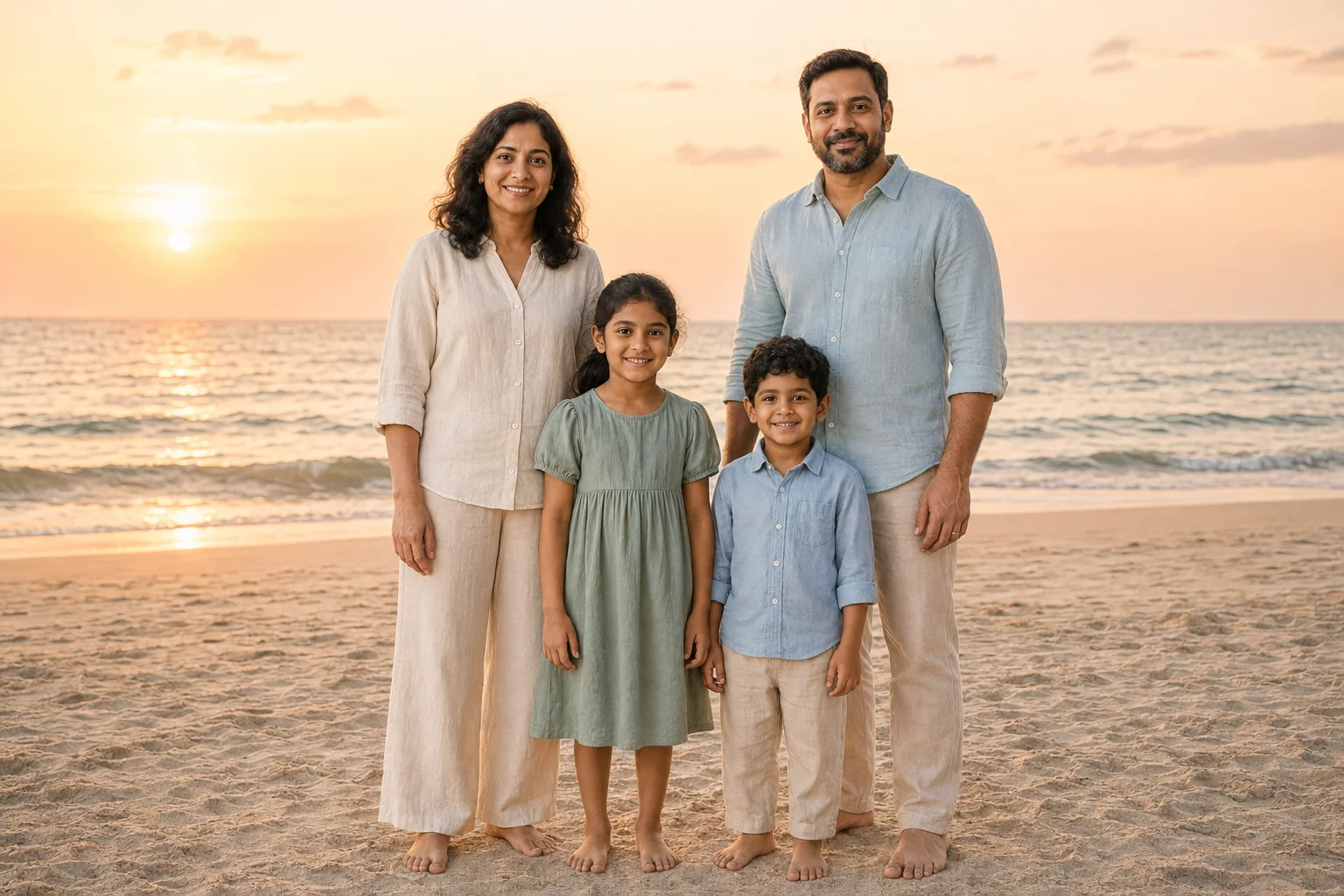 The reference family in pale linen standing on dry beach sand near the sea at sunset