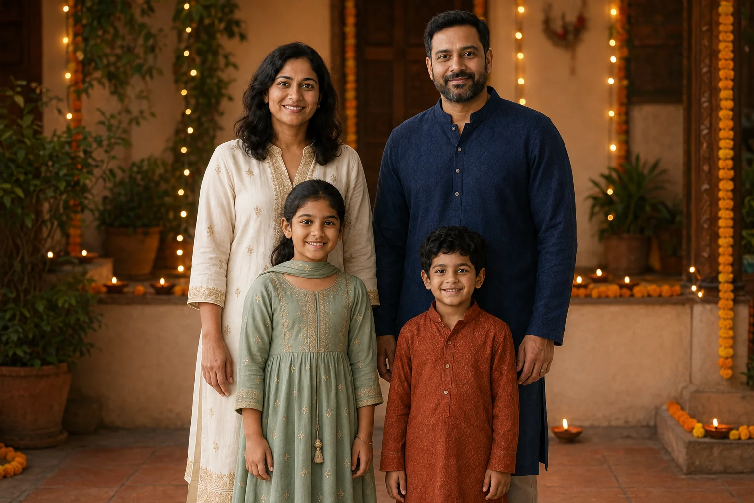 The reference family in ivory, navy, sage and rust festive clothing in a warmly lit courtyard