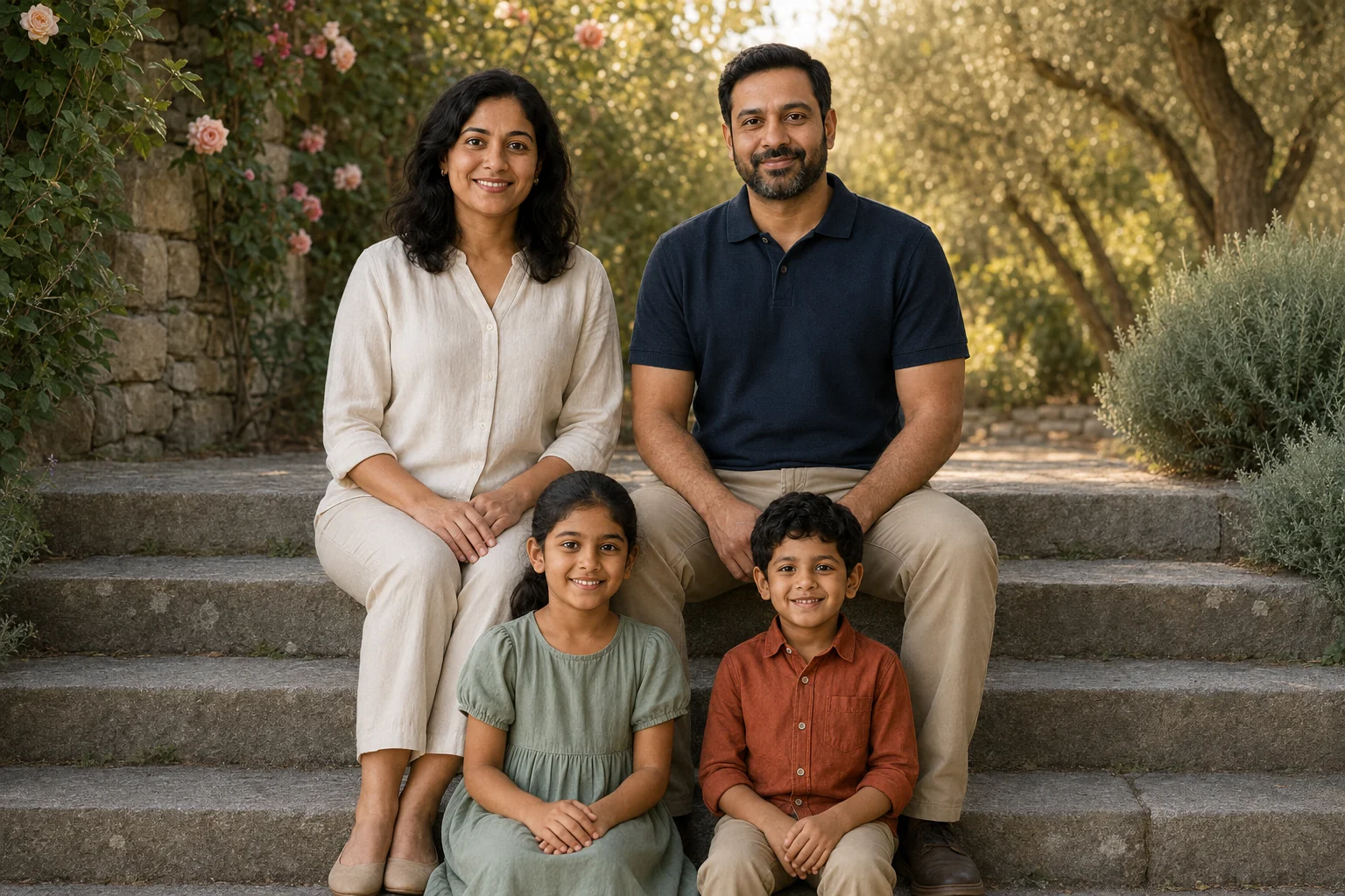 The fictional family seated on garden steps among roses and foliage