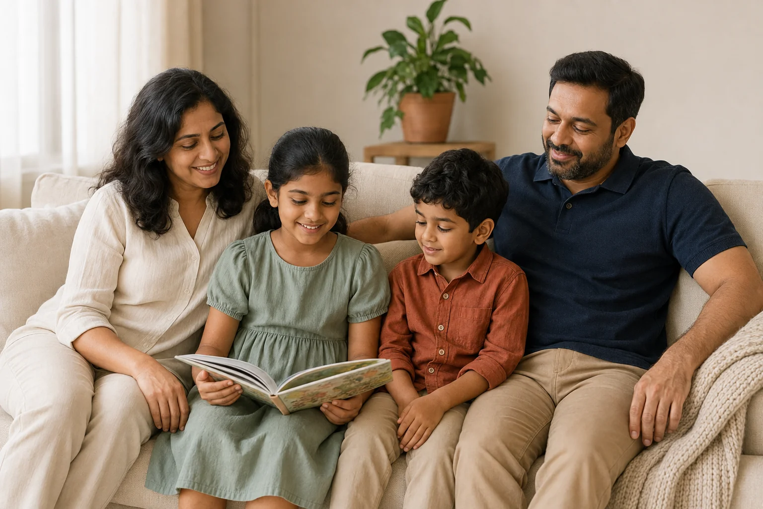 The fictional family sharing a picture book on a cream sofa in a softly lit living room