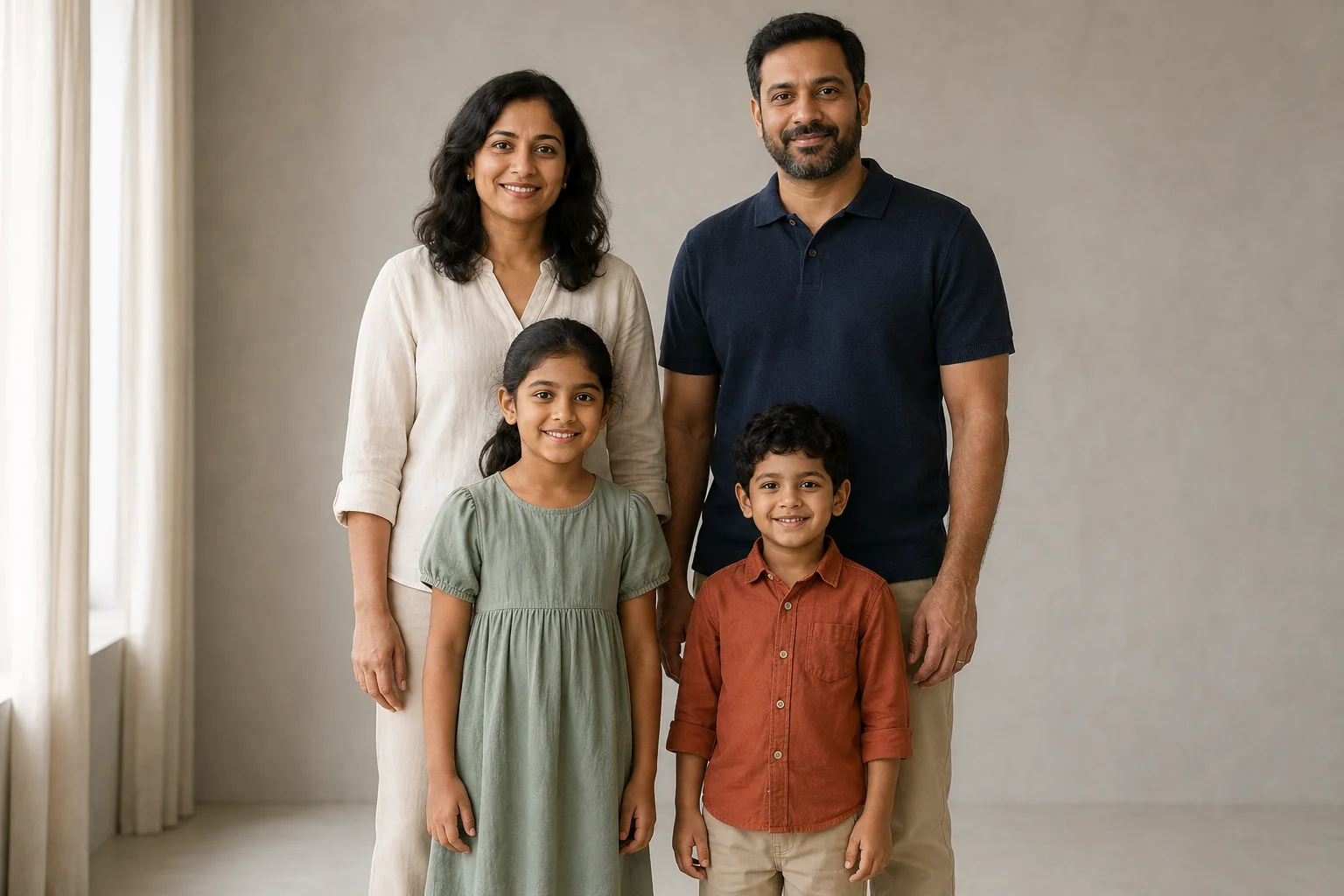 Fictional family reference with mother in cream at back left, father in navy at back right, daughter in sage at front left and son in rust at front right