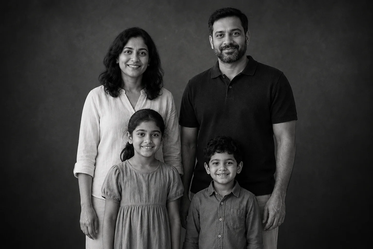 Black-and-white studio portrait of the reference family against a dark backdrop