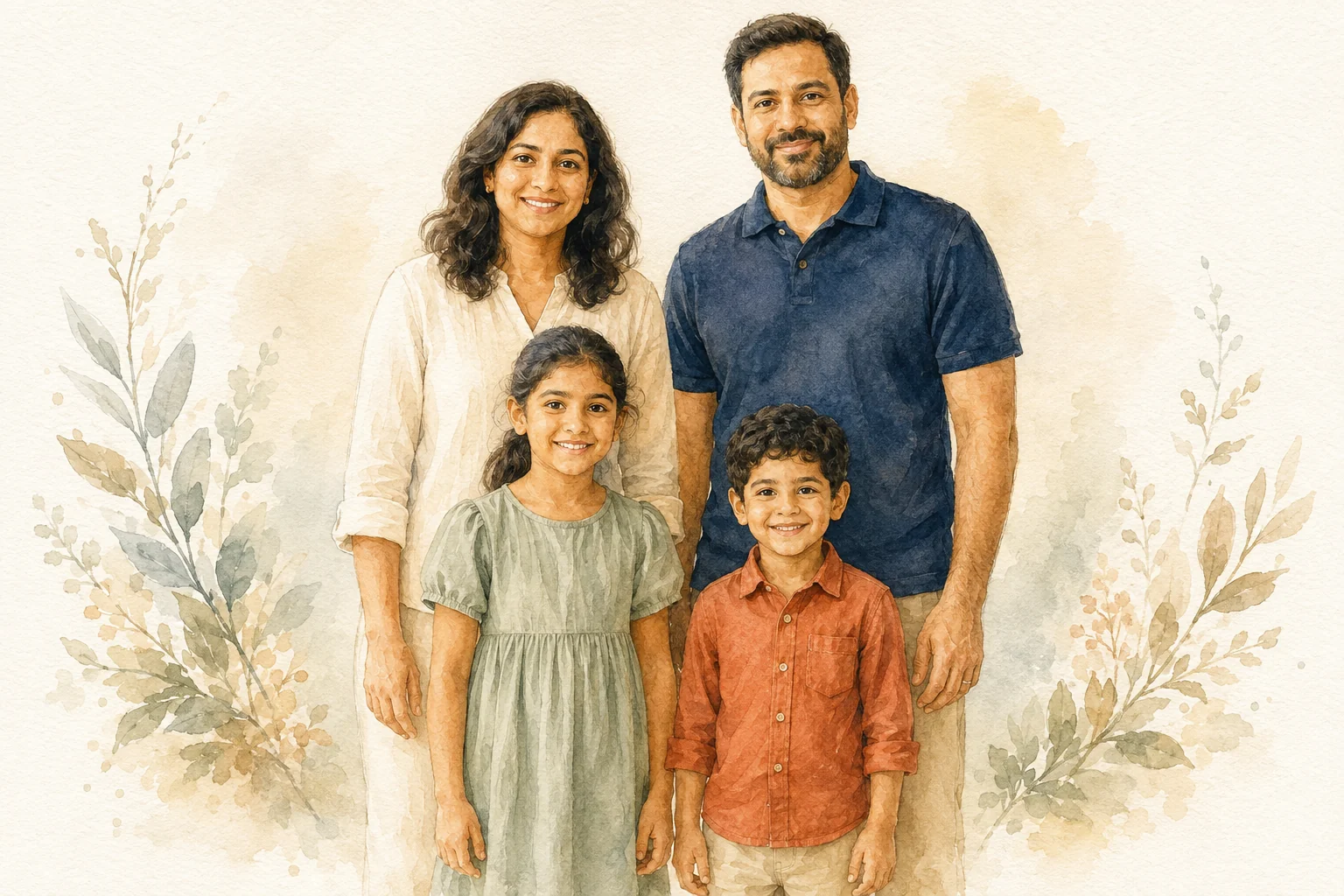 Watercolor illustration of the same family in cream, navy, sage and rust with delicate botanical details