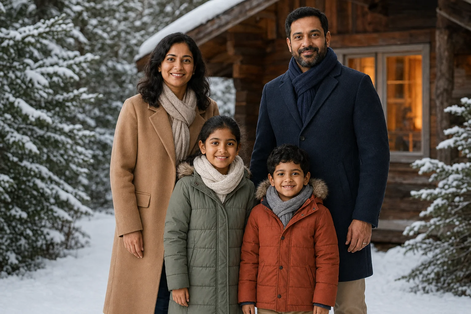 The fictional family in warm winter coats outside a wood cabin surrounded by snow