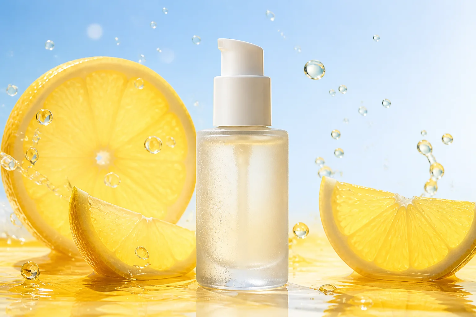 Unbranded skincare serum in a citrus product photoshoot