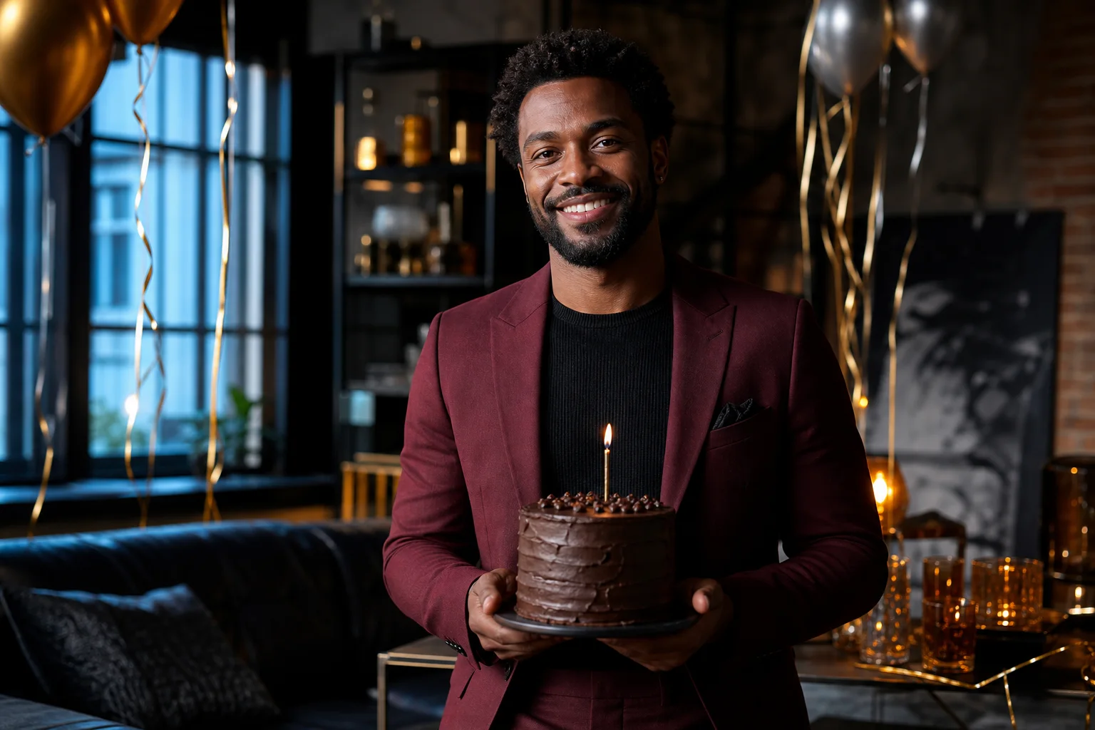 Editorial birthday portrait with a restrained loft celebration