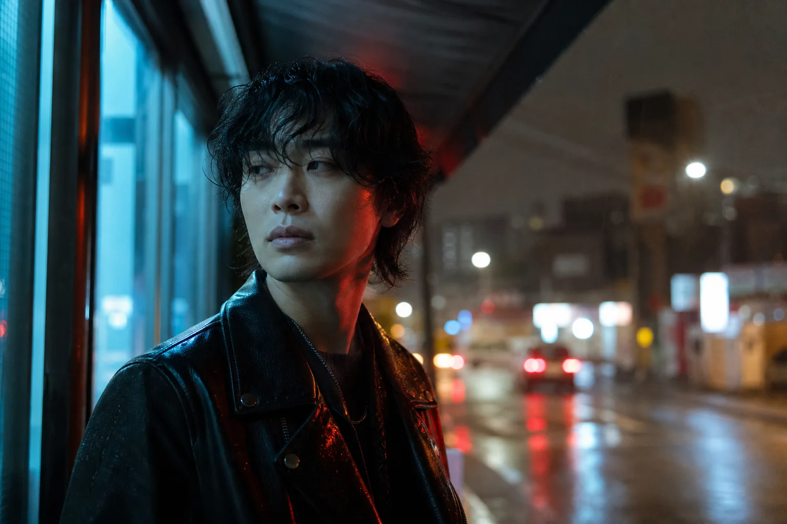 Cinematic night portrait generated from a rain and neon photoshoot prompt