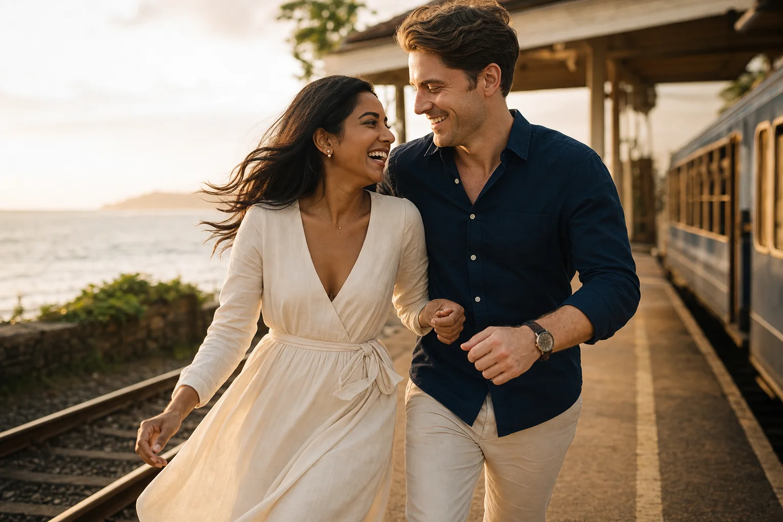 Romantic couple photoshoot on a coastal train platform