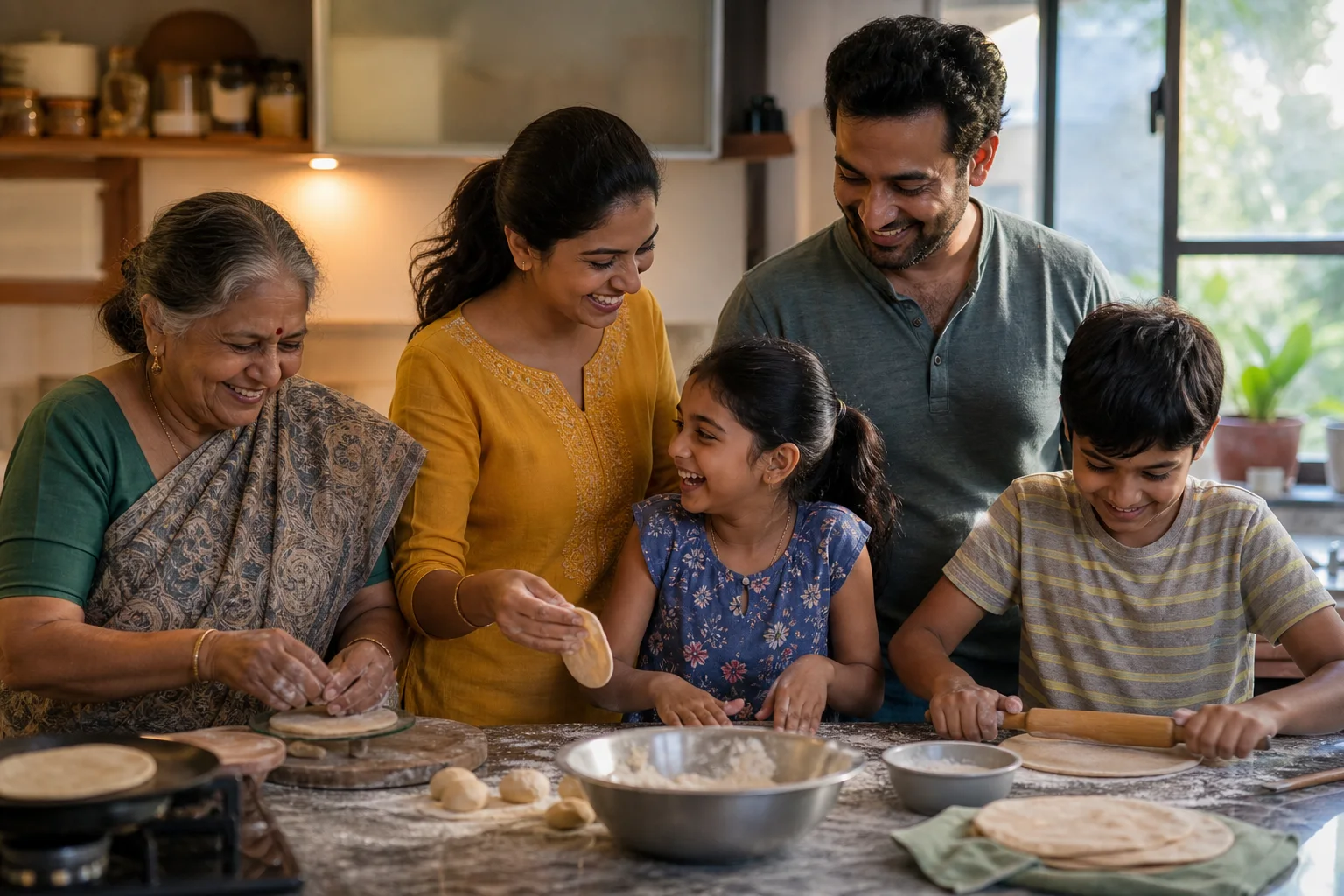 Multigenerational family cooking together in a candid AI photoshoot