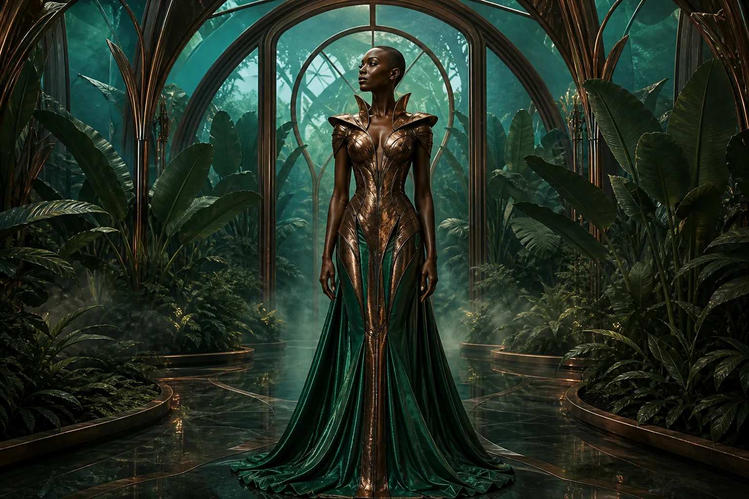 Afro-futurist fantasy fashion portrait inside a botanical glasshouse