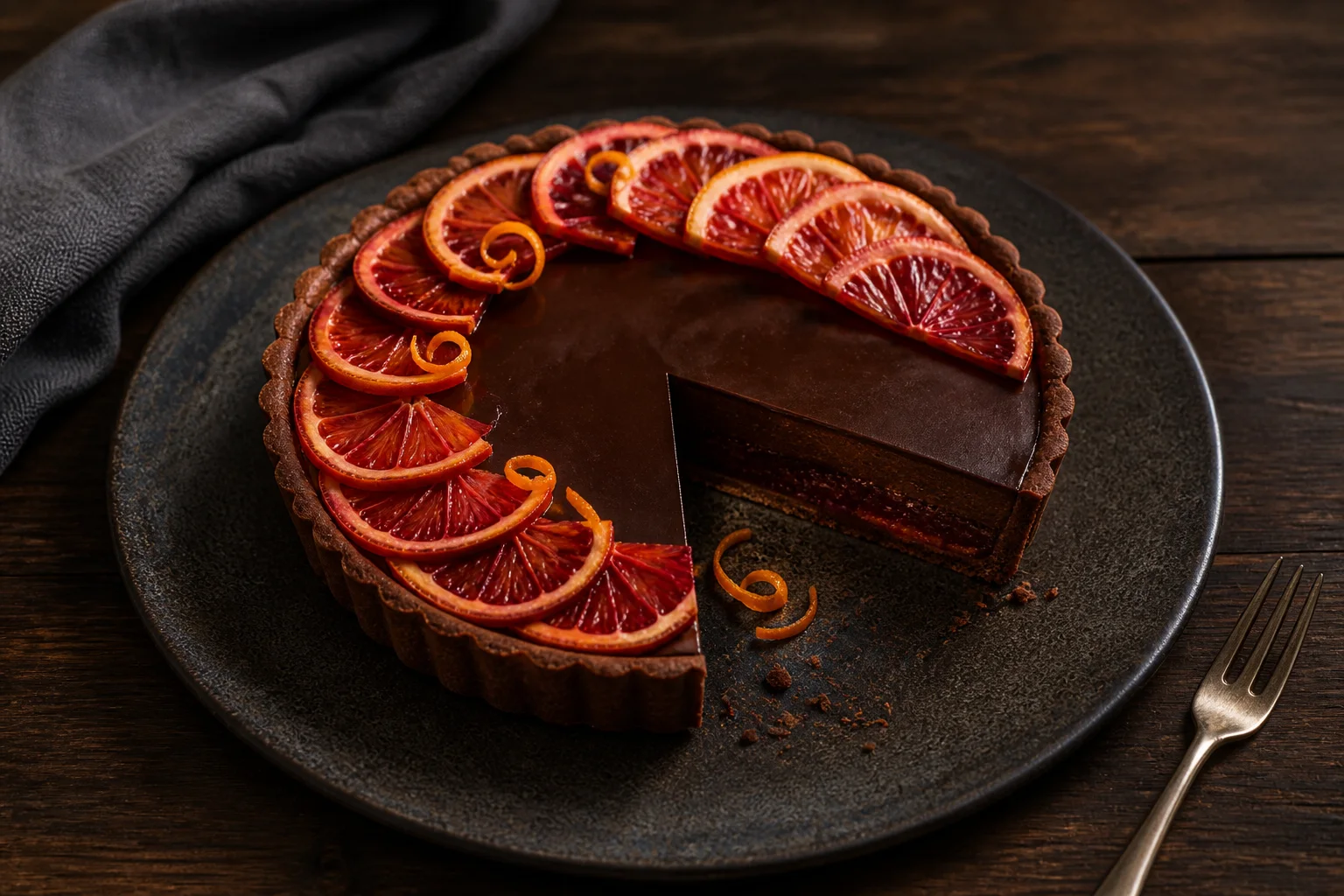 Chocolate and blood-orange tart in an editorial food photoshoot