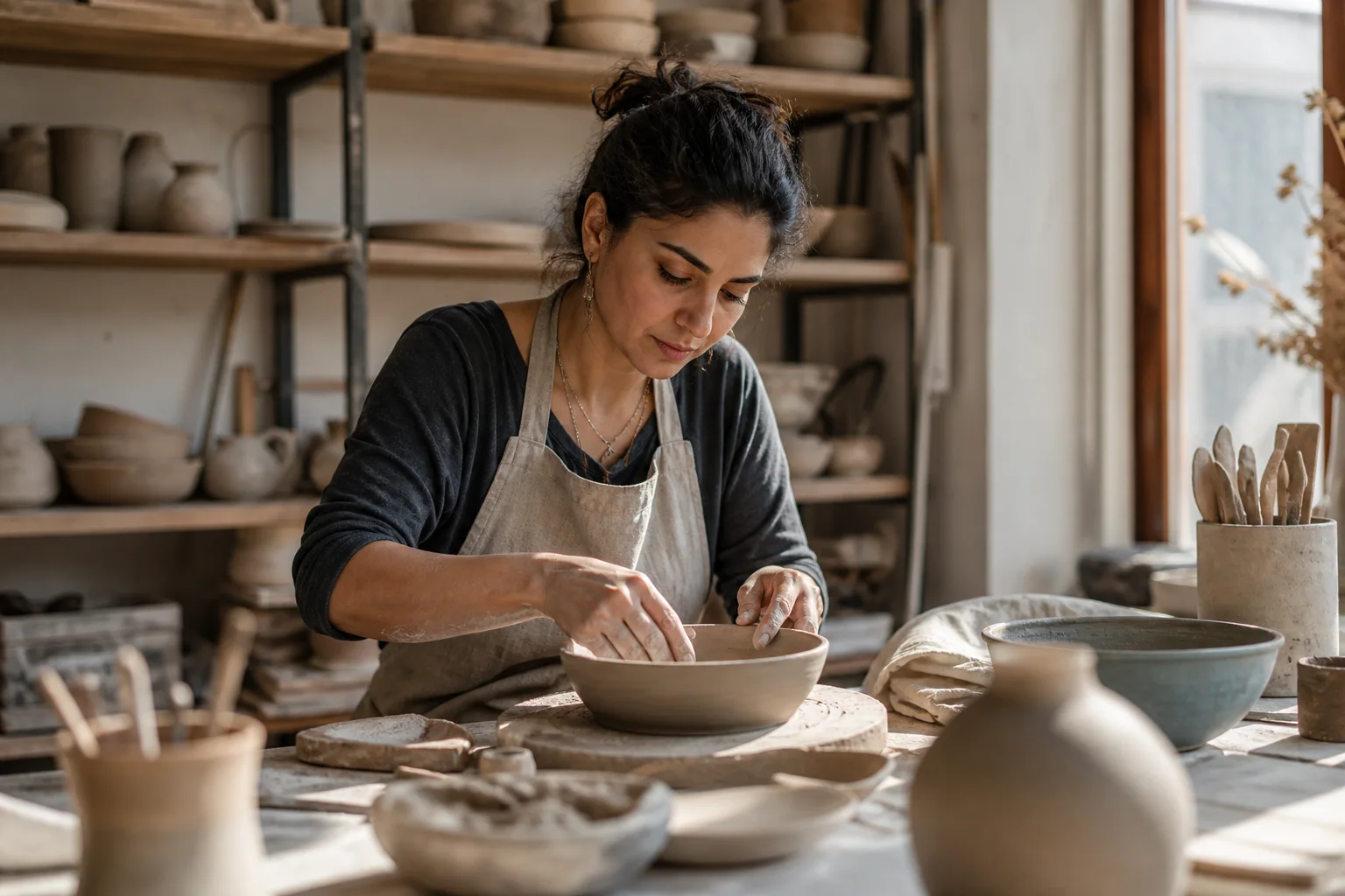 Ceramic artist photographed in a natural lifestyle setting