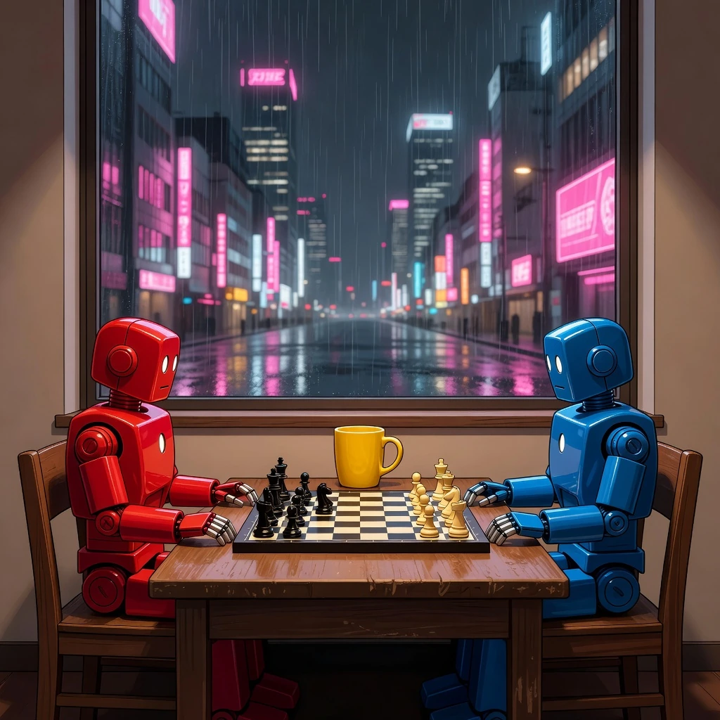 Grok Imagine result for the complex robot and chess prompt