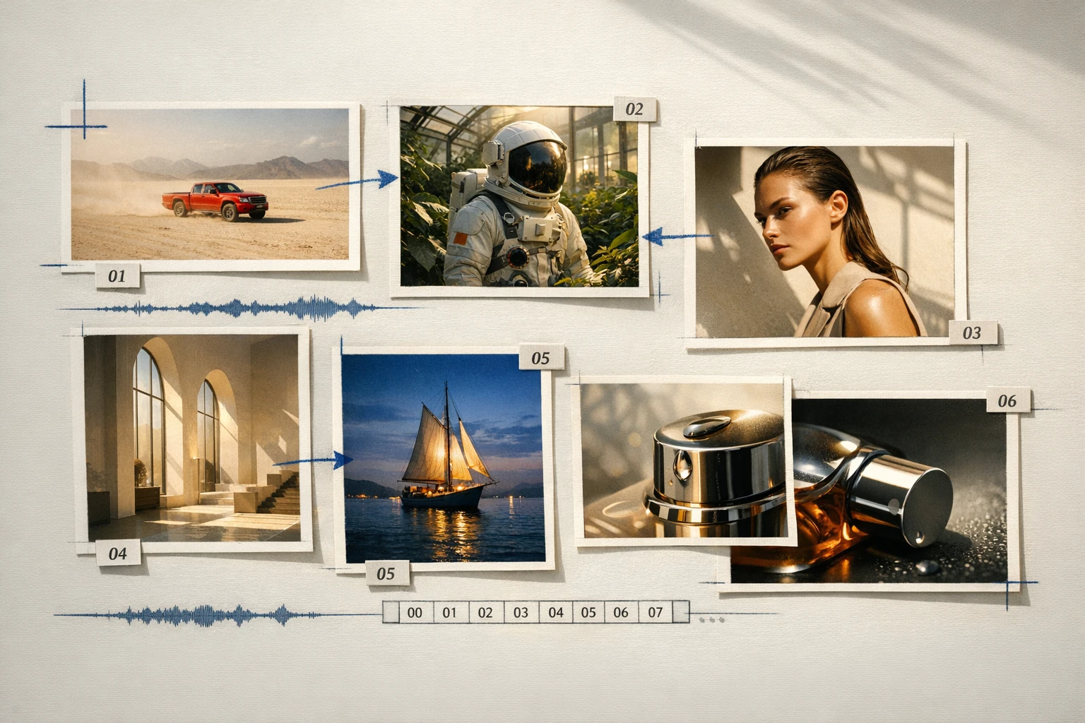 AI video production board showing assets, prompts, generated scenes, and a connected workflow