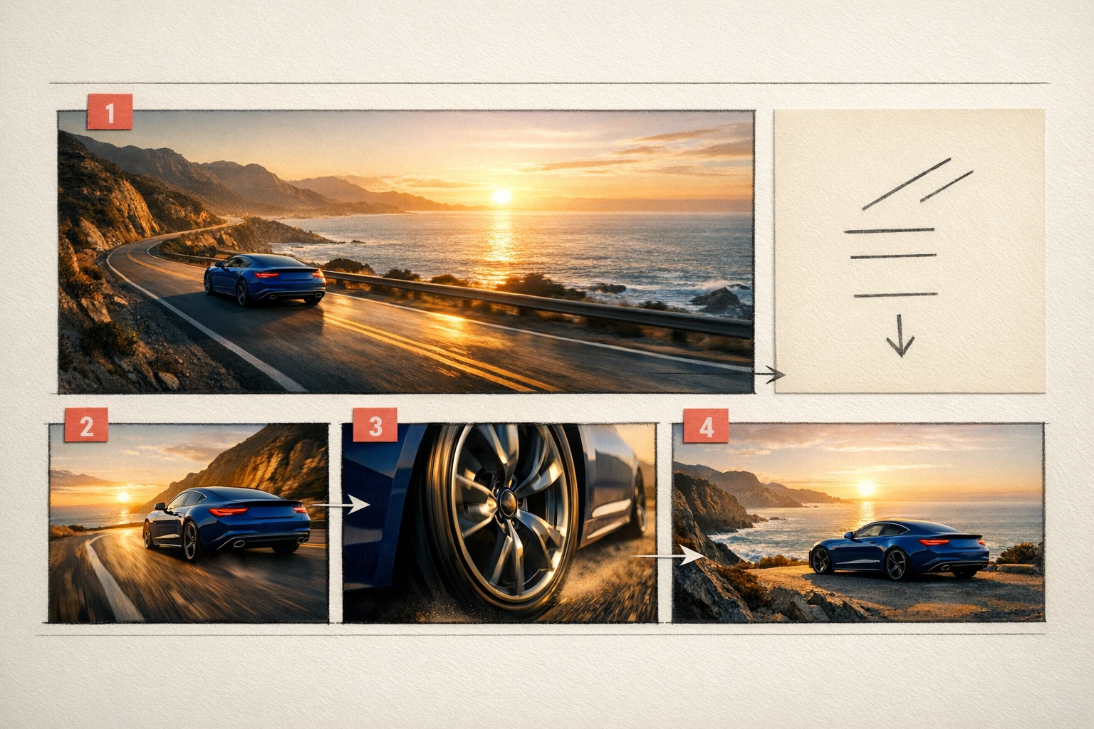 Text-to-video storyboard showing how a written idea becomes a sequence of directed AI video shots