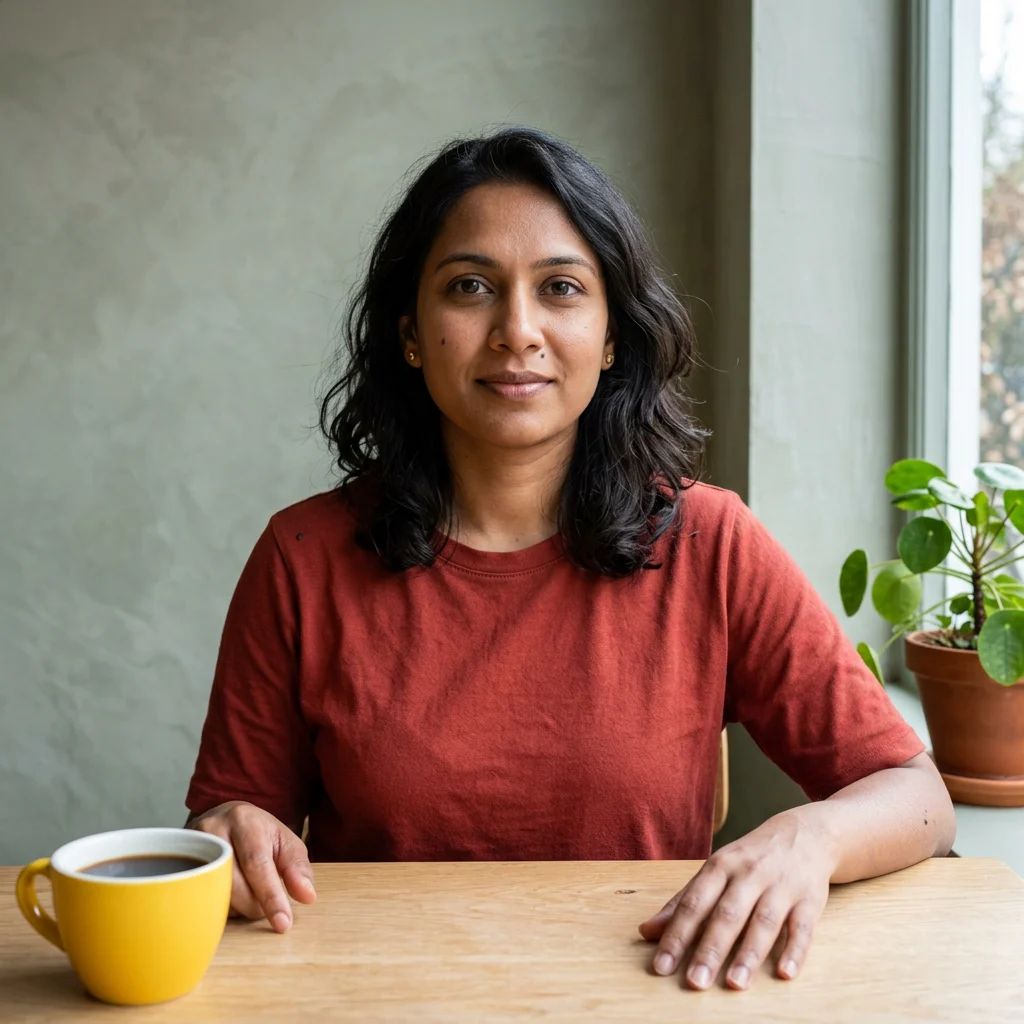 Original fictional cafe portrait with rust-red shirt, yellow mug, sage wall and window on the right