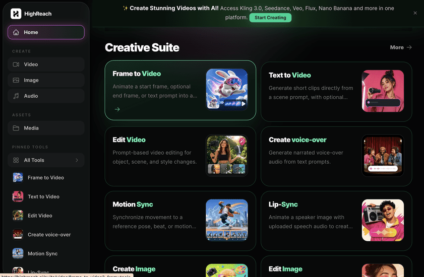 AI Creator Studio for Video, Images & Audio | HighReach 网站预览